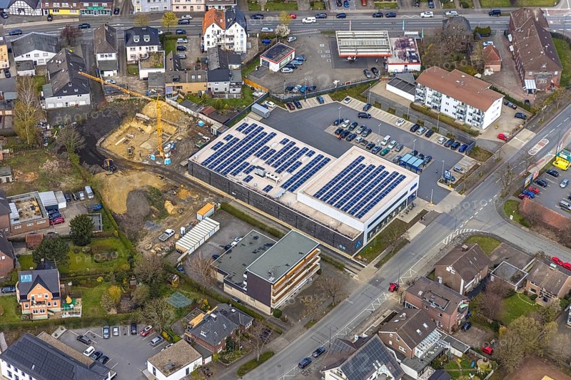 Aerial view, Heessen, Hamm, Ruhr area, North Rhine-Westphalia, Germany, Aldi supermarket, construction work, construction area, construction site, building plots, construction crane, construction project, construction site, DE, Europe, aerial view, aerial photography, aerial photography, new construction, photovoltaic, photovoltaic system, solar, solar system, solar energy, solar energy, overview, bird's eye view, birds-eyes view, overview