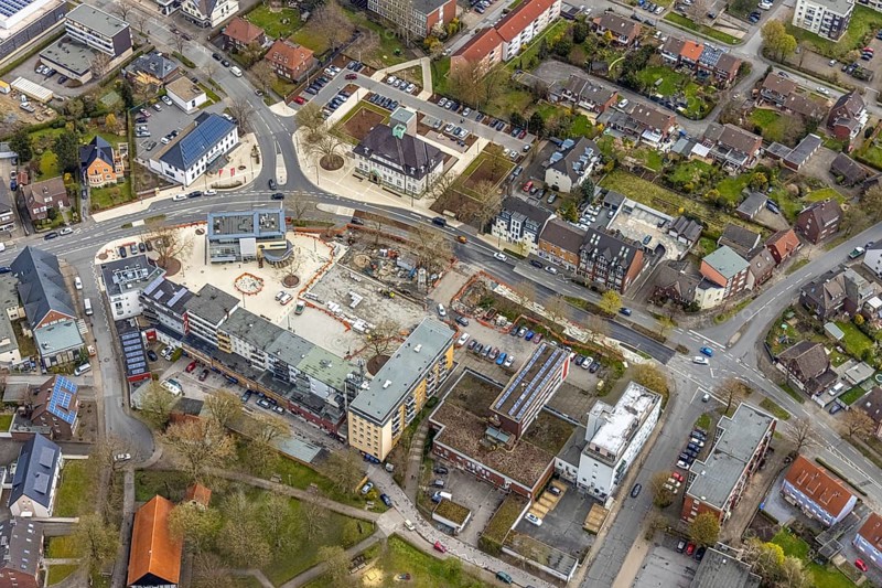 Aerial view, construction site Heessener Markt in the Amtsstraße and Bürgeramt in Heessen, Hamm, Ruhr area, North Rhine-Westphalia, Germany, construction work, construction area, construction site, building plots, construction project, construction site, authority, DE, Europe, aerial view, aerial photography, aerial photography, market, new building, overview, bird's-eye view, overview