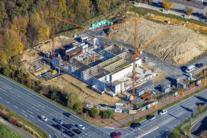 Aerial view, construction area and new building for Mensing Galerie corner Werler Straße and Unnaer Straße and in the district Rhynern in Hamm, Ruhr area, North Rhine-Westphalia, Germany, construction work, construction area, building site, building plots, construction project, construction site, DE, Europe, gallery, commercial enterprises, commercial area, commercial area, commercial location, commercial use, Hamm, culture, art, aerial view, aerial photography, aerial photography, new building, overview, bird's eye view, birds-eyes view, overview
