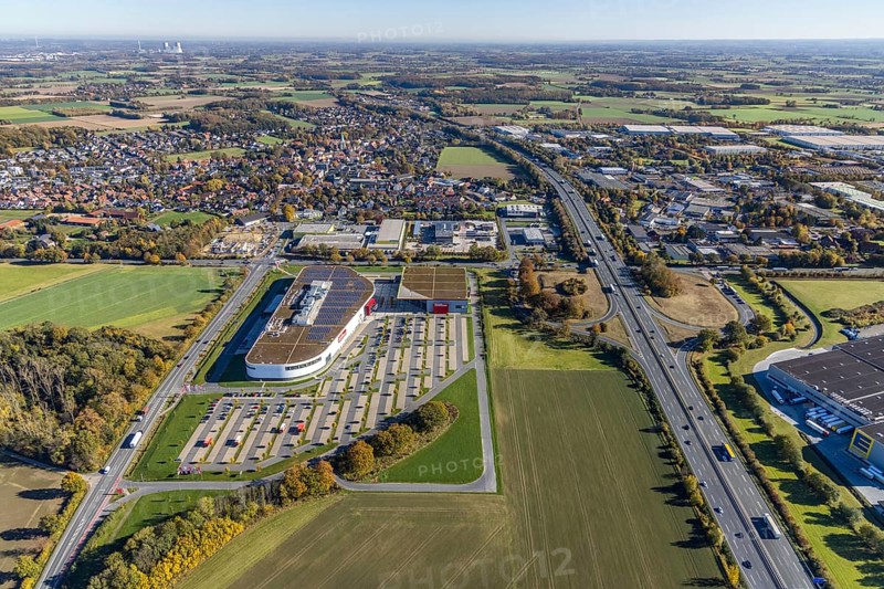 Aerial view, Möbel Höffner on the A2 motorway in the Rhynern district of Hamm, Ruhr area, North Rhine-Westphalia, Germany, DE, Europe, commercial enterprises, commercial area, commercial park, commercial location, commercial use, Hamm, industrial area, industrial building, industrial location, aerial photograph, aerial photography, aerial photography, furniture shop, overview, bird's eye view, birds-eyes view, overview