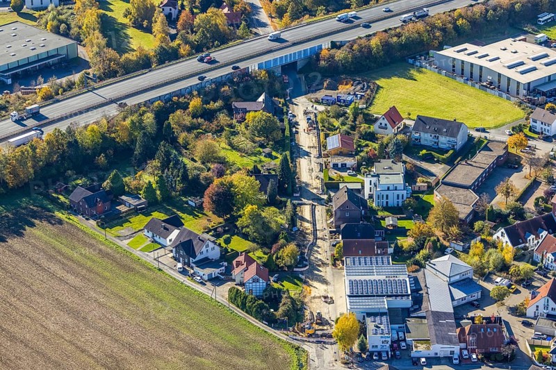 Aerial view, An der Windmühle with Hamm fire brigade - Rhynern operational area and subway of the A2 motorway in the Rhynern district of Hamm, Ruhr area, North Rhine-Westphalia, Germany, fire fighters, fire protection, fire watch, DE, Europe, fire station, fire brigade, Hamm, aerial view, aerial photography, aerial photography, overview, bird's-eye view, overview