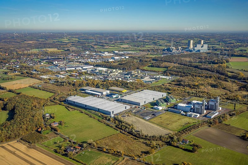 Aerial view, construction site Distribution Park between Trianelstraße and Trianel GasKraftwerk as well as DuBay Polymer GmbH in the district Uentrop in Hamm, Ruhr area, North Rhine-Westphalia, Germany, DE, Europe, commercial enterprises, commercial area, commercial park, commercial site, commercial use, GuD power plant Hamm-Uentrop, Hamm, industrial area, industrial building, industrial site, aerial view, aerial photography, aerial photography, overview, bird's eye view, birds-eyes view, overview