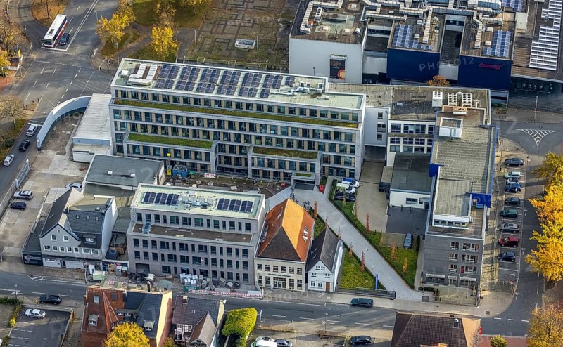 Aerial view, Westfälischer Anzeiger Pressehaus Gutenbergstraße in the Mitte district of Hamm, Ruhr area, North Rhine-Westphalia, Germany, DE, Europe, Hamm, aerial view, aerial photography, aerial photography, news, new building, news, overview, publisher, publishing house, publishing industry, bird's-eye view, Widumstraße, newspaper, newspaper publisher, birds-eyes view, overview