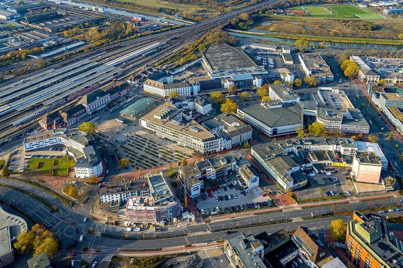 Aerial view, city centre at Platz der Deutschen Einheit and new building at Neue Bahnhofstraße in the district Mitte in Hamm, Ruhr area, North Rhine-Westphalia, Germany, construction work, construction area, building site, building plots, construction project, construction site, City Hamm, DE, Europe, Hamm, aerial view, aerial photography, aerial photography, new building, overview, bird's-eye view, overview