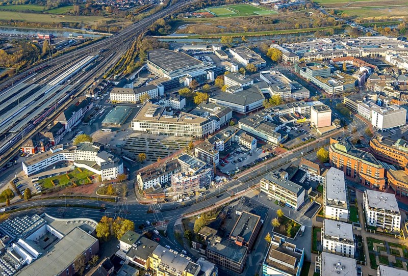 Aerial view, city centre at Platz der Deutschen Einheit and new building at Neue Bahnhofstraße in the district Mitte in Hamm, Ruhr area, North Rhine-Westphalia, Germany, construction work, construction area, building site, building plots, construction project, construction site, City Hamm, DE, Europe, Hamm, aerial view, aerial photography, aerial photography, new building, overview, bird's-eye view, overview