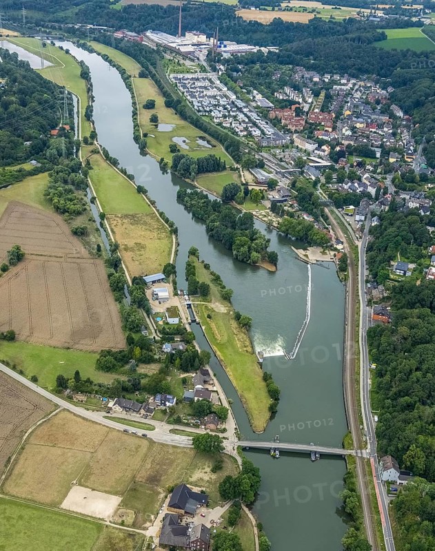 Aerial view, at the Dahlhauser swimming bridge, a week ago there was still land under water at this point - the Ruhr was flooding, course of the Ruhr, Winz, Hattingen, Ruhr area, North Rhine-Westphalia, Germany, Bochum, DE, Europe, birds-eyes view, aerial view, aerial photography, aerial photography, overview, bird's eye view, in front of and after