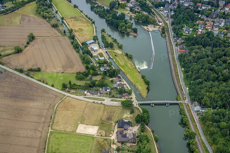Aerial view, at the Dahlhauser swimming bridge, a week ago there was still land under water at this point - the Ruhr was flooding, course of the Ruhr, Winz, Hattingen, Ruhr area, North Rhine-Westphalia, Germany, DE, Europe, birds-eyes view, aerial view, aerial photography, aerial photography, overview, overview, bird's eye view, in front of and after