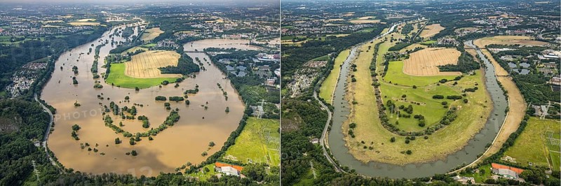 Aerial photograph, Ruhr flood, flooding, Ruhrschleife Isenbergstraße, on 15 July 2021 and then in normal water on 21 July 2021, Hattingen, Ruhr area, North Rhine-Westphalia, Germany / Photo: aerial view Hans Blossey fee-based tax322/5024/0724 subject to VAT with 7% VAT VAT ID No. DE125241596 IBAN DE81360100430269207434 swift (bic) PBNKDEFF, Germany, DE, Europe, birds-eyes view, aerial view, aerial photography, aerial photography, overview, bird's eye view, flood, flood of the century, in front of and after