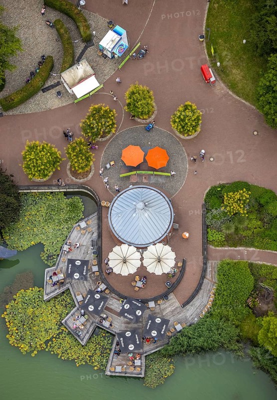 Aerial view, Maximilianpark leisure park, kiosk at the lake, Uentrop, Hamm, Ruhr area, North Rhine-Westphalia, Germany, outdoor catering, DE, food and drink, Europe, leisure facility, leisure activities, leisure park, leisure enjoyment, gastronomy, aerial photography, aerial photography, MaxiPark, SeeKiosk, overview, bird's-eye view, bird's-eye view, overview