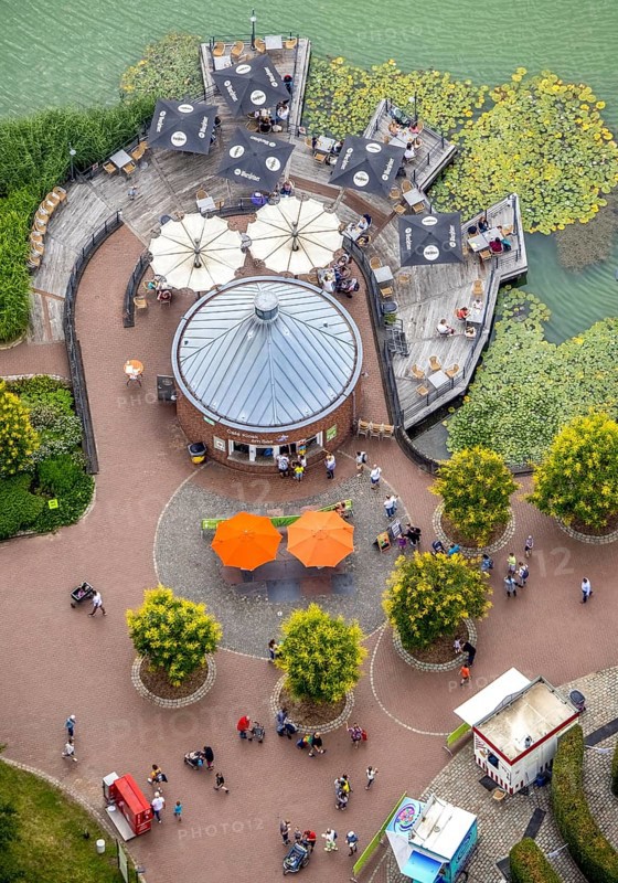 Aerial view, Maximilianpark leisure park, kiosk at the lake, Uentrop, Hamm, Ruhr area, North Rhine-Westphalia, Germany, outdoor catering, DE, food and drink, Europe, leisure facility, leisure activities, leisure park, leisure enjoyment, gastronomy, aerial photography, aerial photography, MaxiPark, SeeKiosk, overview, bird's-eye view, bird's-eye view, overview