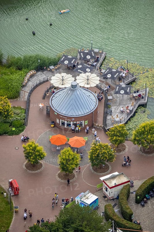 Aerial view, Maximilianpark leisure park, kiosk at the lake, Uentrop, Hamm, Ruhr area, North Rhine-Westphalia, Germany, outdoor catering, DE, food and drink, Europe, leisure facility, leisure activities, leisure park, leisure enjoyment, gastronomy, aerial photography, aerial photography, MaxiPark, SeeKiosk, overview, bird's-eye view, bird's-eye view, overview