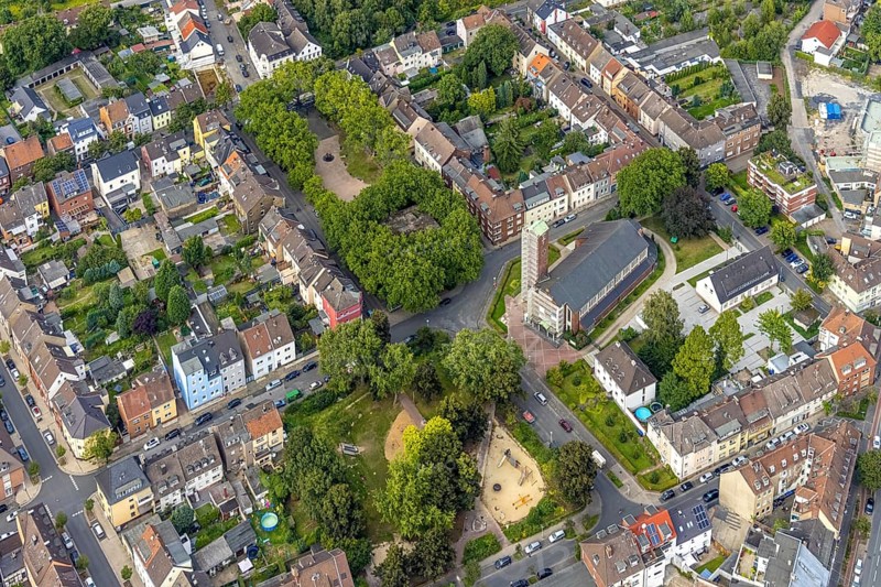 Aerial view, catholic Josefskirche and Viktoriaplatz in Mitte, Hamm, Ruhr area, North Rhine-Westphalia, Germany, place of worship, DE, Europe, religious community, place of worship, holy place, church, parish, denomination, aerial view, aerial photography, aerial photography, market, market place, religion, religious site, overview, bird's-eye view, birds-eyes view, overview