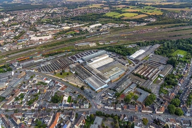 Aerial view, WDI Westfälische Drahtindustrie in Mitte, Wilhelmstraße, Bürgerzentrum Wilhelmstraße, Hamm, Ruhr area, North Rhine-Westphalia, Germany, DE, Europe, commercial enterprises, commercial space, commercial area, commercial location, commercial use, industrial area, industrial building, industrial location, aerial view, aerial photography, aerial photography, overview, bird's-eye view, overview