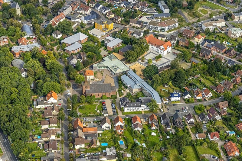 Aerial view, Heilig Kreuz catholic church and Caritas retirement home St. Josef in the district of Herringen in Hamm, Ruhr area, North Rhine-Westphalia, Germany