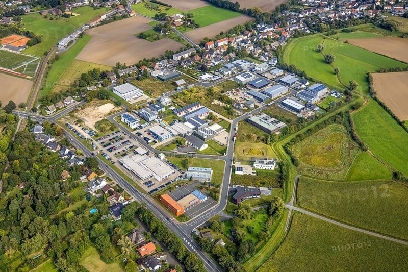 Aerial view, commercial quarter Hohefeld Herbert-Rust-Weg in the district Uentrop in Hamm, Ruhr area, North Rhine-Westphalia, Germany, DE, Europe, commercial enterprises, commercial area, commercial park, commercial location, commercial use, Hamm, industrial area, industrial building, industrial location, aerial photograph, aerial photography, aerial photography, overview, bird's-eye view, bird's-eye view, overview