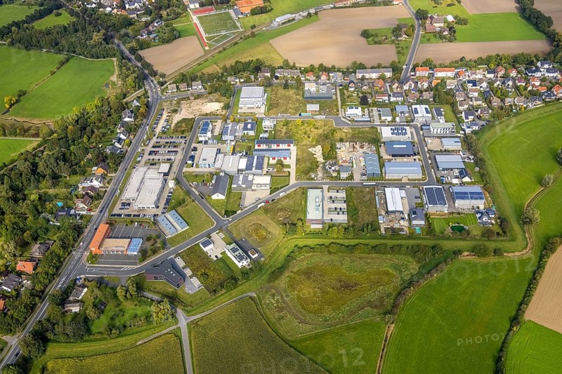 Aerial view, commercial quarter Hohefeld Herbert-Rust-Weg in the district Uentrop in Hamm, Ruhr area, North Rhine-Westphalia, Germany, DE, Europe, commercial enterprises, commercial area, commercial park, commercial location, commercial use, Hamm, industrial area, industrial building, industrial location, aerial photograph, aerial photography, aerial photography, overview, bird's-eye view, bird's-eye view, overview