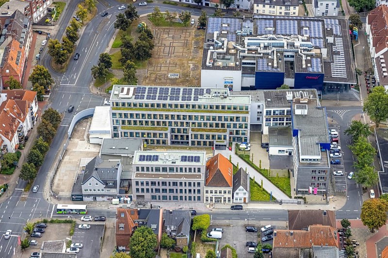 Aerial view, Radio Lippewelle Hamm and construction site with new building on Widumstraße for new WA office building Westfälischer Anzeiger in the district Mitte in Hamm, Ruhr area, North Rhine-Westphalia, Germany, construction work, construction area, construction site, building plots, construction project, construction site, DE, Europe, Hamm, aerial view, aerial photography, aerial photography, news, new building, news, overview, publisher, publishing house, publishing industry, bird's eye view, newspaper, newspaper publisher, birds-eyes view, overview