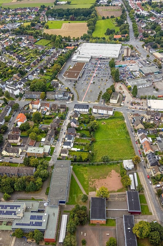 Aerial view, Kaufland supermarket at Wilhelmstraße in the district Mitte in Hamm, Ruhr area, North Rhine-Westphalia, Germany, DE, shopping markets, shopping place, shopping centre, Europe, Hamm, aerial view, aerial photography, aerial photography, local supply centre, supermarket, overview, bird's eye view, birds-eyes view, overview