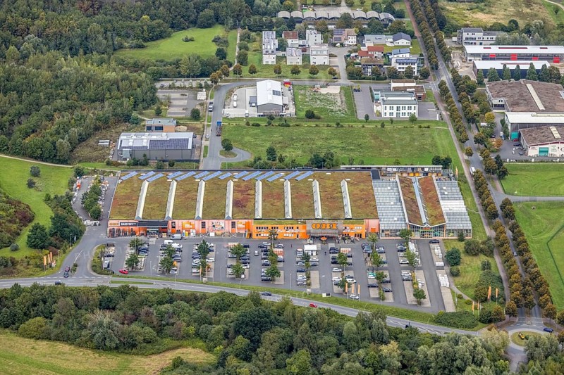Aerial view, OBI DIY store Sachsenweg in the district Heessen in Hamm, Ruhr area, North Rhine-Westphalia, Germany, DIY store, DE, Europe, Hamm, aerial view, aerial photography, aerial photography, overview, bird's eye view, birds-eyes view, overview