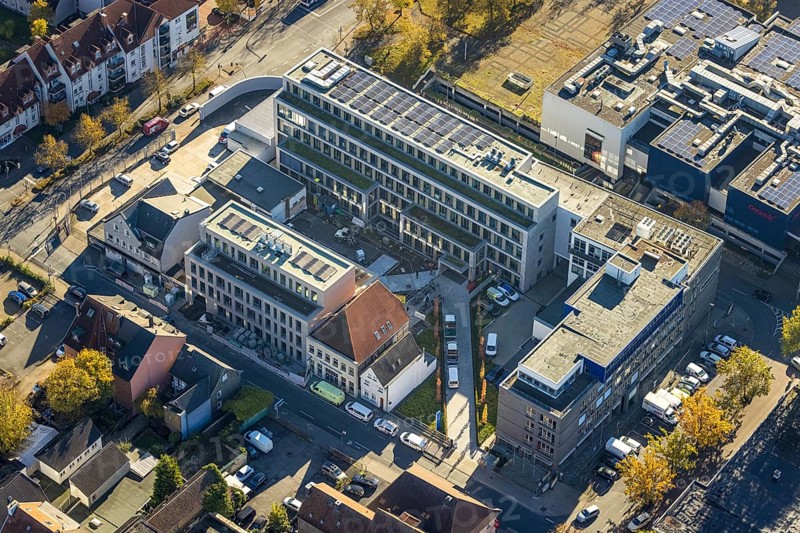 Aerial view, Westfälischer Anzeiger Pressehaus Gutenbergstraße in the Mitte district of Hamm, Ruhr area, North Rhine-Westphalia, Germany, DE, Europe, Hamm, aerial view, aerial photography, aerial photography, news, new building, news, overview, publisher, publishing house, publishing industry, bird's-eye view, Widumstraße, newspaper, newspaper publisher, birds-eyes view, overview