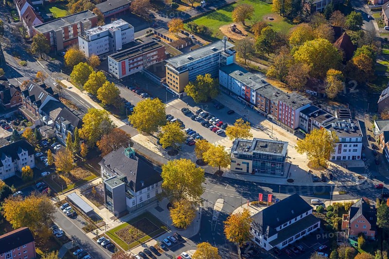 Aerial view, town hall of Heessen on Amtsstraße and redesign of Heessen market in the district of Heessen in Hamm, Ruhr area, North Rhine-Westphalia, Germany, DE, Europe, Hamm, aerial view, aerial photography, aerial photography, market, new building, renovation, refurbishment, overview, bird's-eye view, overview