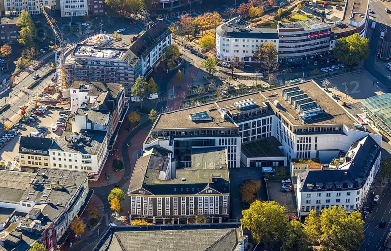 Aerial view, city centre at Platz der Deutschen Einheit and new building at Neue Bahnhofstraße in the Mitte district of Hamm, Ruhr area, North Rhine-Westphalia, Germany, construction work, construction area, building site, building plots, construction project, construction site, DE, Europe, Hamm, Heinrich-von-Kleist-Forum, aerial view, aerial photography, aerial photography, new building, SRH University in North Rhine-Westphalia, overview, bird's-eye view, overview