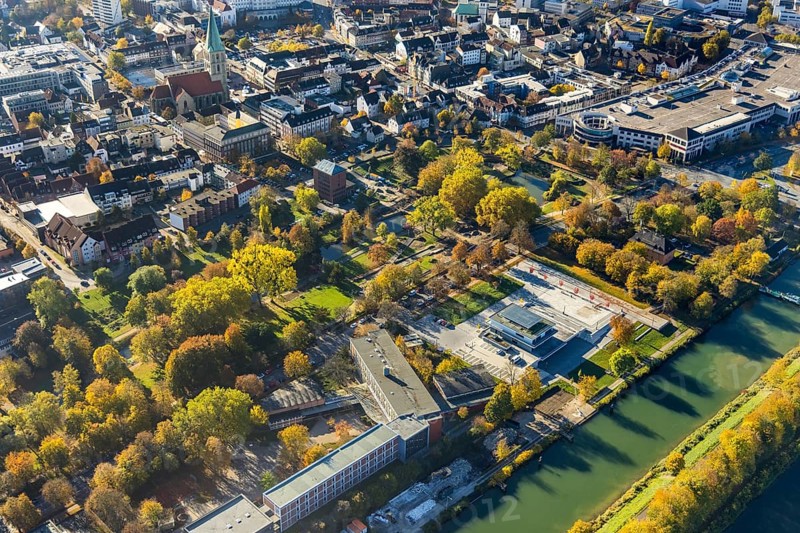 Aerial view, connection between Nordpark and city centre to the water sports centre at the Adenauerallee and Nordringpark in the district Mitte in Hamm, Ruhr area, North Rhine-Westphalia, Germany, DE, Europe, Hamm, aerial view, aerial photography, aerial photography, park, sports centre, overview, bird's eye view, birds-eyes view, overview