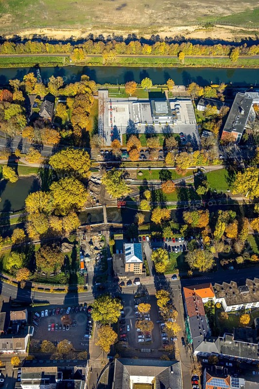 Aerial view, connection between Nordpark and city centre to the water sports centre at the Adenauerallee and Nordringpark in the district Mitte in Hamm, Ruhr area, North Rhine-Westphalia, Germany, DE, Europe, Hamm, aerial view, aerial photography, aerial photography, park, sports centre, overview, bird's eye view, birds-eyes view, overview