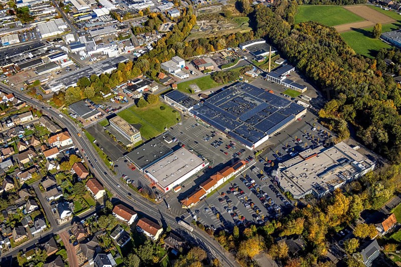 Aerial view, commercial area Römerstraße with Gewerbehof Hövel and Kaufland Hamm-Bockum-Hövel in the district Bockum-Hövel in Hamm, Ruhr area, North Rhine-Westphalia, Germany, DE, Europe, commercial enterprises, commercial area, commercial park, commercial location, commercial use, Hamm, aerial view, aerial photography, aerial photography, overview, bird's-eye view, bird's-eye view, overview