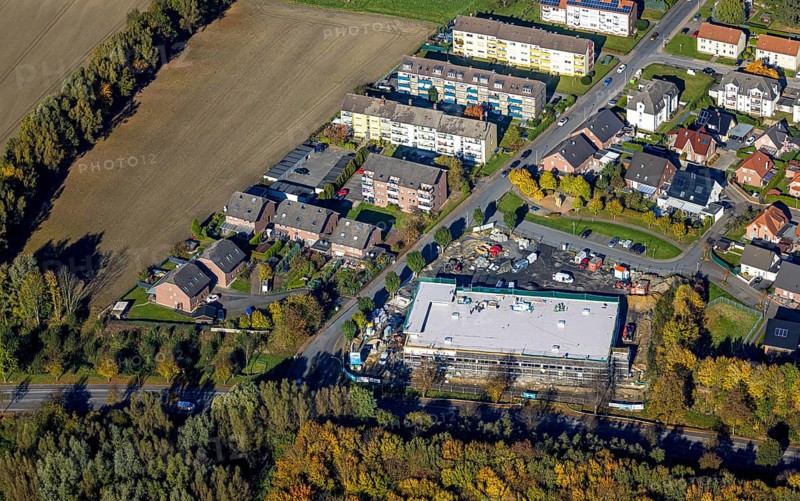 Aerial view, construction site Am Dahlhof with new Aldi supermarket in the district Bockum-Hövel in Hamm, Ruhr area, North Rhine-Westphalia, Germany, construction work, construction area, building site, building plots, construction project, construction site, DE, shopping centres, Europe, Hamm, aerial view, aerial photography, aerial photography, new building, overview, bird's eye view, bird's eye view, overview