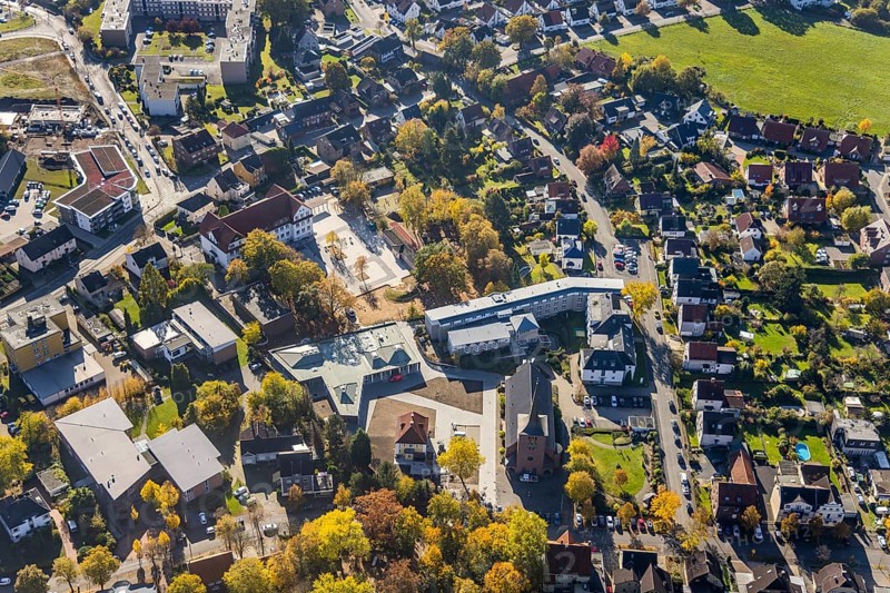 Aerial view, Caritas retirement home St. Josef and new building Haus der Begegnung and Heilig Kreuz Kirche as well as Lessingschule in the district of Herringen in Hamm, Ruhr area, North Rhine-Westphalia, Germany, retirement home, old people's home, retirement home, place of worship, care and nursing, education, educational institution, DE, Europe, religious community, place of worship, Hamm, sanctuary, church, parish, denomination, educational institute, aerial photography, aerial photography, aerial photography, care facility, religion, religious site, school, retirement home, retirement residence, retirement home, retirement centre, overview, bird's eye view, bird's eye view, overview