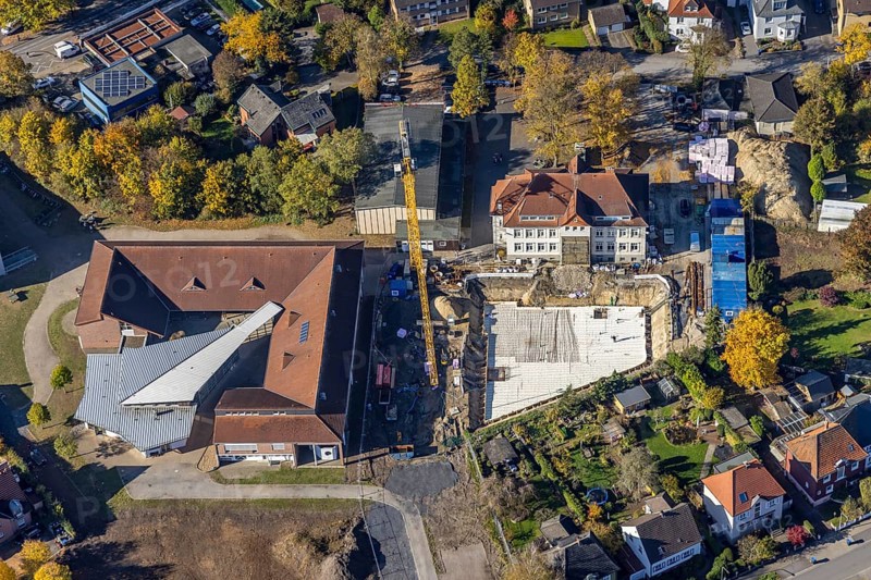 Aerial view, construction site and renovation Arnold-Freymuth-Gesamtschule / Falkschule in the district Herringen in Hamm, Ruhr area, North Rhine-Westphalia, Germany, construction work, construction area, construction site, construction measure, construction project, construction site, education, educational institution, DE, Europe, comprehensive school, Hamm, teaching institute, aerial view, aerial photography, aerial photography, renovation, renovation, school, overview, bird's-eye view, overview