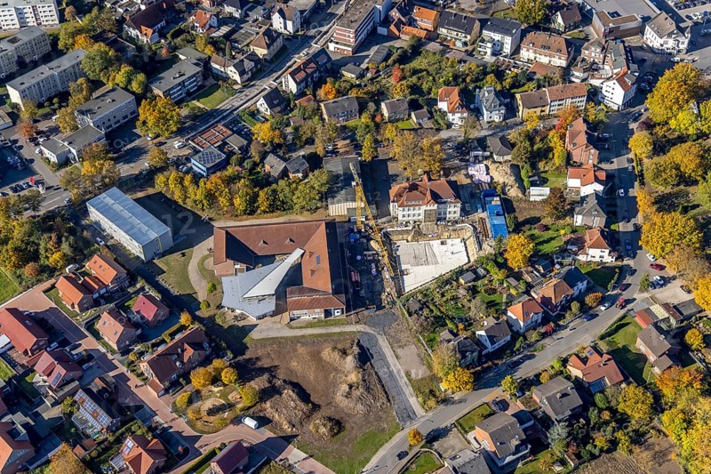 Aerial view, construction site and renovation Arnold-Freymuth-Gesamtschule / Falkschule in the district Herringen in Hamm, Ruhr area, North Rhine-Westphalia, Germany, construction work, construction area, construction site, construction measure, construction project, construction site, education, educational institution, DE, Europe, comprehensive school, Hamm, teaching institute, aerial view, aerial photography, aerial photography, renovation, renovation, school, overview, bird's-eye view, overview