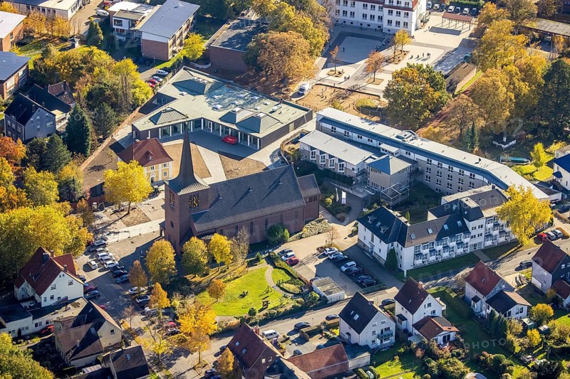 Aerial view, Caritas retirement home St. Josef and new building Haus der Begegnung and Heilig Kreuz Kirche in the district of Herringen in Hamm, Ruhr area, North Rhine-Westphalia, Germany, retirement home, old people's home, place of worship, care and nursing, DE, Europe, religious community, place of worship, Hamm, holy place, church, parish, denomination, aerial view, aerial photography, aerial photography, care facility, religion, religious site, retirement home, retirement residence, retirement home, retirement centre, overview, bird's eye view, birds-eyes view, overview