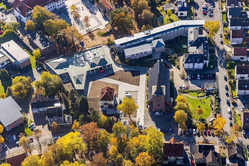 Aerial view, Caritas retirement home St. Josef and new building Haus der Begegnung and Heilig Kreuz Kirche in the district of Herringen in Hamm, Ruhr area, North Rhine-Westphalia, Germany, retirement home, old people's home, place of worship, care and nursing, DE, Europe, religious community, place of worship, Hamm, holy place, church, parish, denomination, aerial view, aerial photography, aerial photography, care facility, religion, religious site, retirement home, retirement residence, retirement home, retirement centre, overview, bird's eye view, birds-eyes view, overview