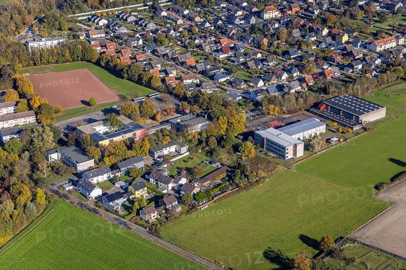 Aerial view, Alfred-Delp-Schule and Freie Waldorfschule in the district Pelkum in Hamm, Ruhr area, North Rhine-Westphalia, Germany, education, educational institution, DE, Europe, Hamm, Kobbenskamp, educational institute, aerial view, aerial photography, aerial photography, school, overview, bird's eye view, birds-eyes view, overview