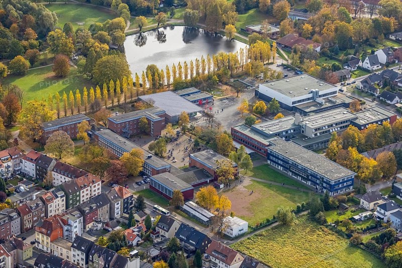 Aerial view, Märkisches Gymnasium and Friedrich-Ebert-Realschule in the district Pelkum in Hamm, Ruhr area, North Rhine-Westphalia, Germany, education, educational institution, DE, Europe, grammar school, Hamm, educational institute, aerial photograph, aerial photography, aerial photography, secondary school, school, overview, bird's eye view, birds-eyes view, overview