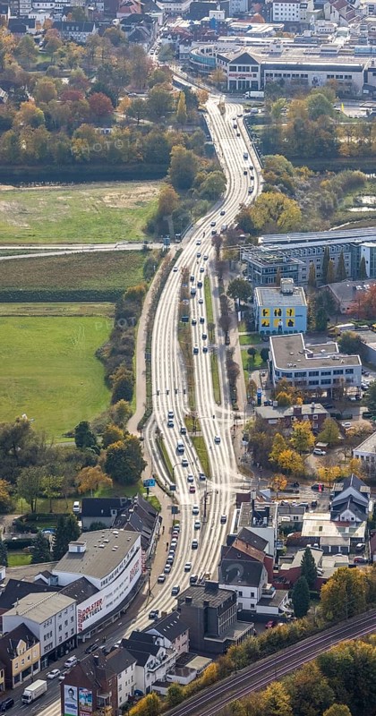 Aerial view, B63 Münsterstraße and Lippeaue in the district Heessen in Hamm, Ruhr area, North Rhine-Westphalia, Germany, DE, Europe, Hamm, aerial view, aerial photography, aerial photography, overview, bird's eye view, birds-eyes view, overview