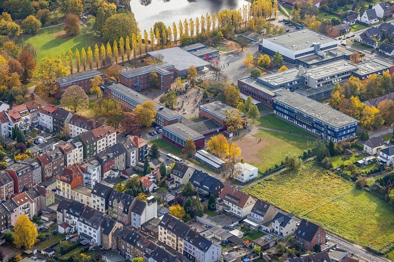 Aerial view, Märkisches Gymnasium and Friedrich-Ebert-Realschule in the district Pelkum in Hamm, Ruhr area, North Rhine-Westphalia, Germany, education, educational institution, DE, Europe, grammar school, Hamm, educational institute, aerial photograph, aerial photography, aerial photography, secondary school, school, overview, bird's eye view, birds-eyes view, overview