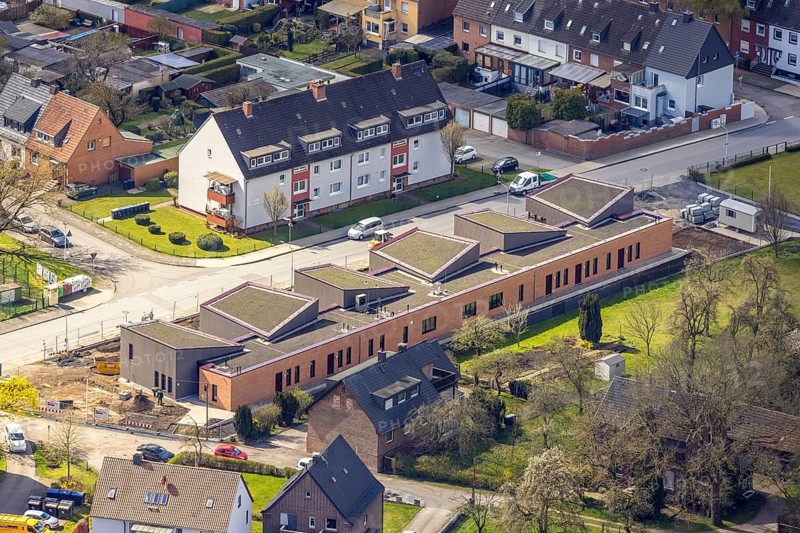 Aerial view, construction site, new building kindergarten Großer Sandweg, Bockum-Hövel, Hamm, Ruhr area, North Rhine-Westphalia, Germany, construction work, construction area, construction site, building plots, construction measure, construction project, construction site, DE, Europe, Gemeinnützige Baugesellschaft (HGB), kindergarten, day-care centre, day-care centre for children, aerial photograph, aerial photography, aerial photography, new building, overview, bird's-eye view, overview