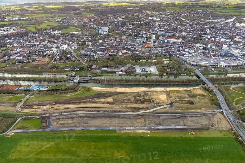 Aerial view, Lippe floodplain experience project, dyke area between city centre and airfield, new course of the flood dyke, river Lippe and Datteln-Hamm canal, Heessen, Hamm, Ruhr area, North Rhine-Westphalia, Germany, construction area, construction site, building plots, construction project, DE, Europe, aerial view, aerial photography, aerial photography, overview, bird's-eye view, bird's-eye view, overview