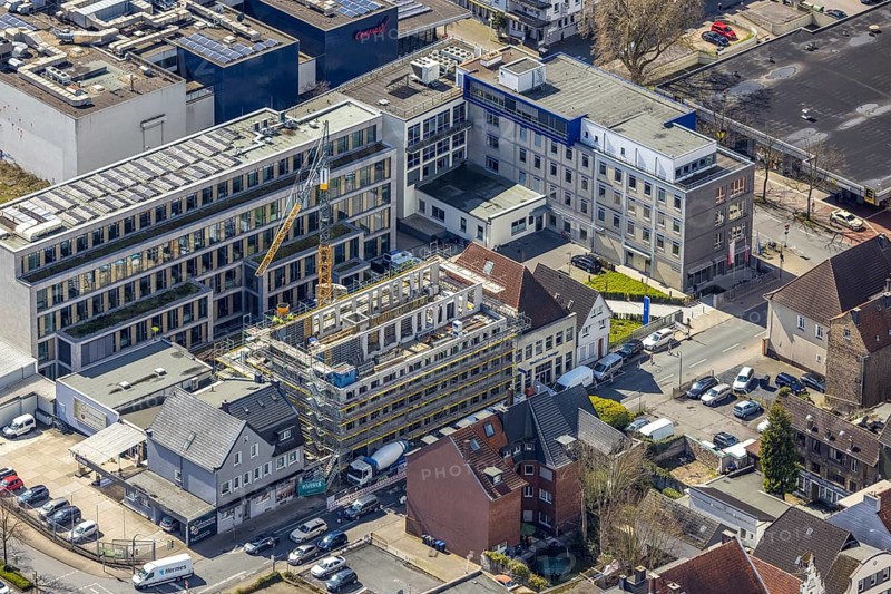 Aerial photo, Widumstraße construction site for new WA office building, Westfälischer Anzeiger, Radio Lippewelle Hamm in Mitte, Hamm, Ruhr area, North Rhine-Westphalia, Germany, construction work, construction area, construction site, building plots, construction project, construction site, DE, Europe, commercial enterprises, commercial area, commercial area, commercial site, commercial use, industrial building, industrial site, aerial view, aerial photography, aerial photography, new building, photovoltaic, photovoltaic plant, solar, solar plant, solar energy, solar energy, Stadtanzeiger Hamm, overview, bird's-eye view, newspaper publisher, birds-eyes view, overview