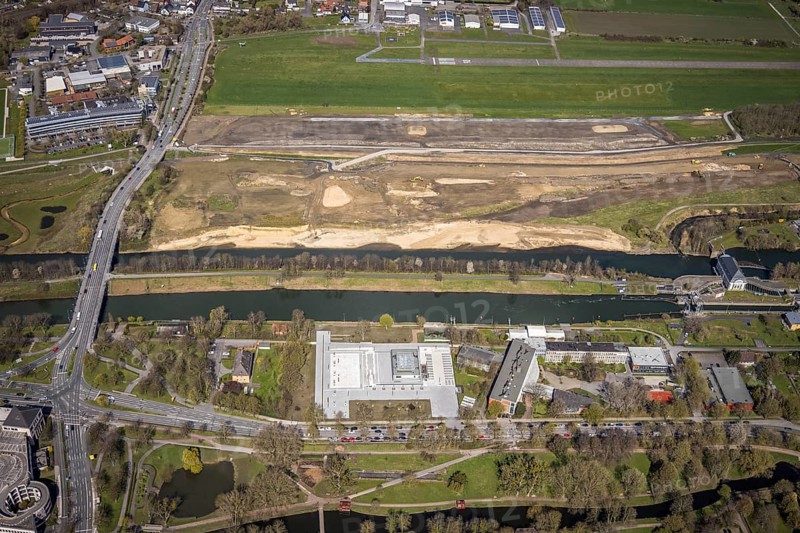 Aerial view, construction area at Jupp-Eickhoff-Weg with river Lippe and Datteln-Hamm canal, new building water sports centre at Adenauerallee with grammar school Hammonense, Heessen, Hamm, Ruhr area, North Rhine-Westphalia, Germany, construction area, construction site, building plots, construction project, education, educational institution, DE, Europe, flight emission, aircraft noise, airfield, grammar school, runway, educational institute, aerial view, aerial photography, aerial photography, airlock, school, runway, overview, bird's-eye view, water sports, water distribution centre Hamm, birds-eyes view, overview