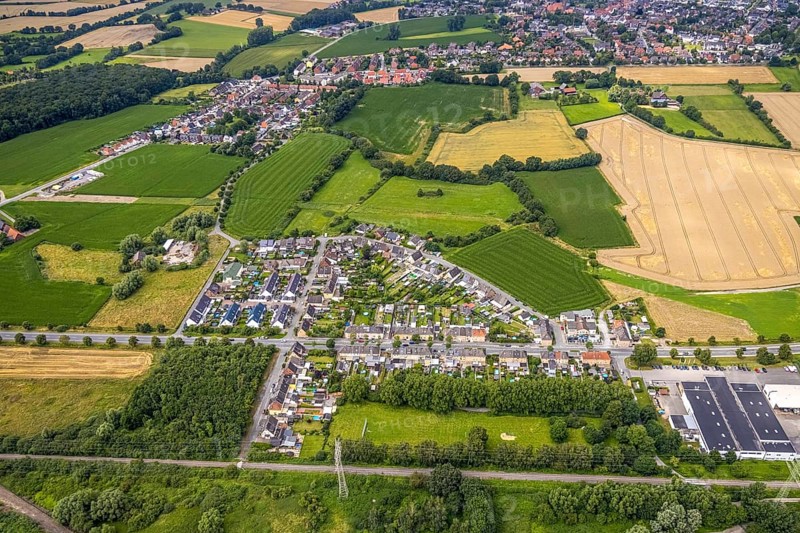 Aerial view, workers' housing estate Wittekindstraße, Wittekindsiedlung, Bockum-Hövel, Hamm, Ruhr area, North Rhine-Westphalia, Germany, workers' housing estate, miners' housing estate, DE, Europe, Haberkampstraße, Laakerholzstraße, aerial view, aerial photography, aerial photography, overview, bird's-eye view, overview