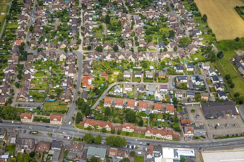 Aerial view, workers' housing estate Isenbecker Hof, Juffernbuschstraße, Herringen, Hamm, Ruhr area, North Rhine-Westphalia, Germany, miners' housing estate, DE, Europe, property tax, real estate, aerial view, aerial photography, aerial photography, overview, bird's-eye view, housing estate, housing and living, residential area, residential buildings, housing quality, residential neighbourhood, housing estate, birds-eyes view, overview