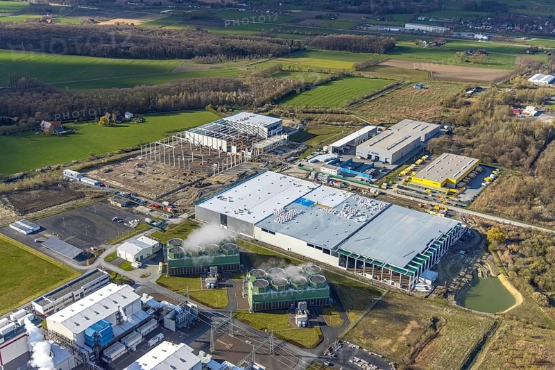 Aerial view, construction site and new building in DistributionPark Hamm, Trianelstraße, K'Park-Straße, Uentrop, Hamm, Ruhr area, North Rhine-Westphalia, Germany, construction work, construction area, building site, building plots, construction project, construction site, DE, DHL, Europe, commercial enterprises, commercial space, commercial area, commercial park, commercial location, commercial use, real estate developer Hines, industrial area, industrial building, industrial location, logistics, logistics provider, logistics centre, aerial view, aerial photography, aerial photography, new construction, overview, bird's-eye view, overview
