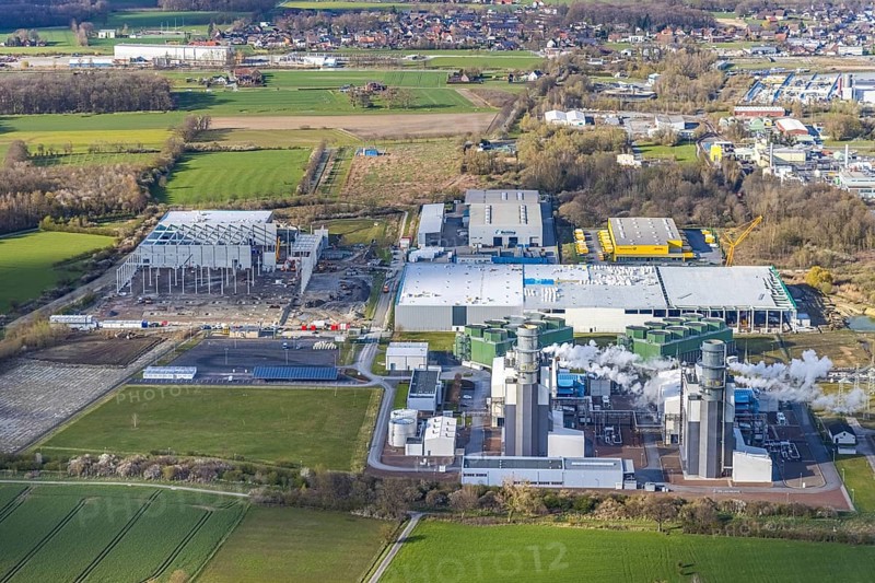 Aerial view, construction site and new building in DistributionPark Hamm, Trianelstraße, K'Park-Straße, Uentrop, Hamm, Ruhr area, North Rhine-Westphalia, Germany, construction work, construction area, building site, building plots, construction project, construction site, DE, DHL, Europe, commercial enterprises, commercial space, commercial area, commercial park, commercial location, commercial use, real estate developer Hines, industrial area, industrial building, industrial location, logistics, logistics provider, logistics centre, aerial view, aerial photography, aerial photography, new construction, overview, bird's-eye view, overview
