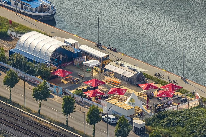 Aerial view, beer garden Pirates ANKER & HERZ in Hafenstraße, Mitte, Hamm, Ruhr area, North Rhine-Westphalia, Germany, beer garden, café, Corona, DE, Europe, gastronomy, harbour, aerial view, aerial photography, aerial photography, restaurant, sunshades, overview, bird's eye view, overview, café