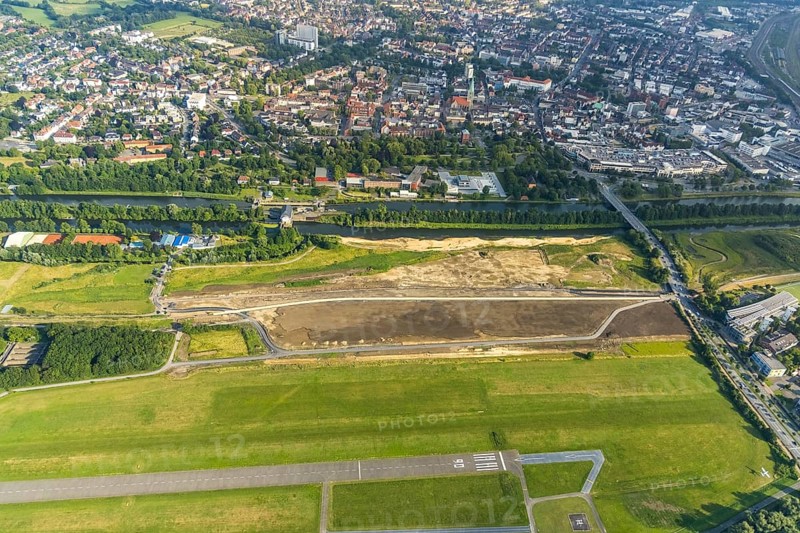 Aerial view, city centre view, construction site for protective dam at Jupp-Eickhoff-Weg, water sports centre, Lippestrand, Heessen, Hamm, Ruhr area, North Rhine-Westphalia, Germany, construction work, construction area, building site, building plots, construction project, construction site, DE, Europe, aerial view, aerial photography, aerial photography, overview, bird's-eye view, bird's-eye view, overview