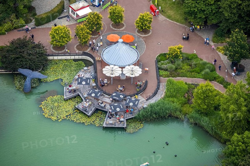 Aerial view, Maximilianpark leisure park, kiosk at the lake, Uentrop, Hamm, Ruhr area, North Rhine-Westphalia, Germany, outdoor catering, DE, food and drink, Europe, leisure facility, leisure activities, leisure park, leisure enjoyment, gastronomy, aerial photography, aerial photography, MaxiPark, SeeKiosk, overview, bird's-eye view, bird's-eye view, overview